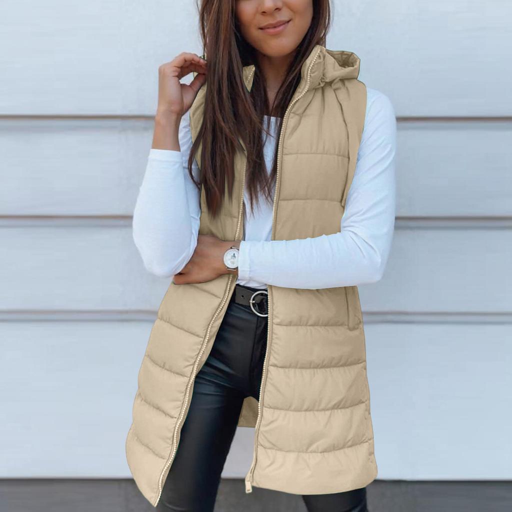 Women's Long Vest Plain Sleeveless Hood Winter Vest Outwear Jacket Lightweight Warm Coat Outerwear