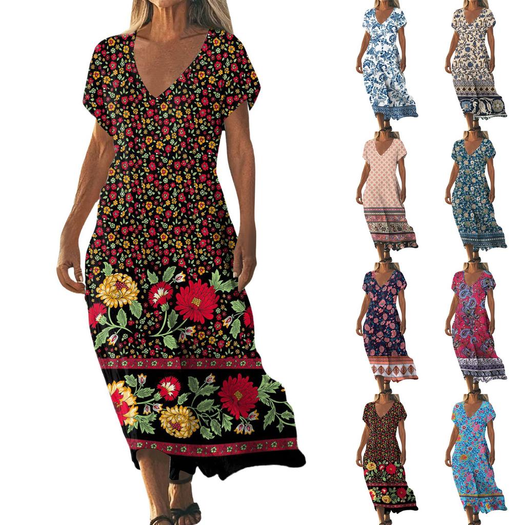 Летнее платье Женское длинное платье бохо для пляжа Элегантное платье макси V-образный вырез Короткий рукав Летнее платье-туника Легкое воздушное
