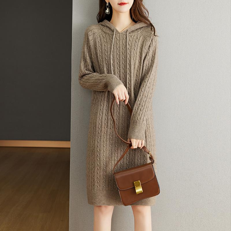 Осень и зима новый повседневный худи средней длины платье женская мода вязаный большой размер свободный пуловер свитер женский