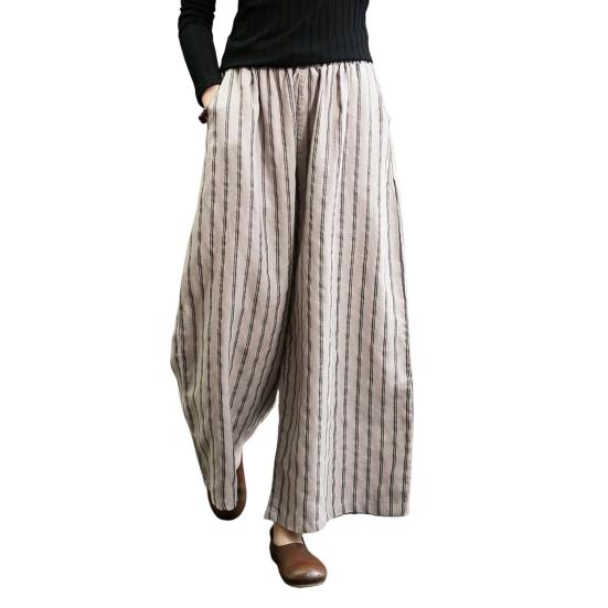 Женские летние брюки, эластичные повседневные брюки с высокой талией и карманами, прямые широкие брюки с принтом в вертикальную полоску, драпированные деловые брюки