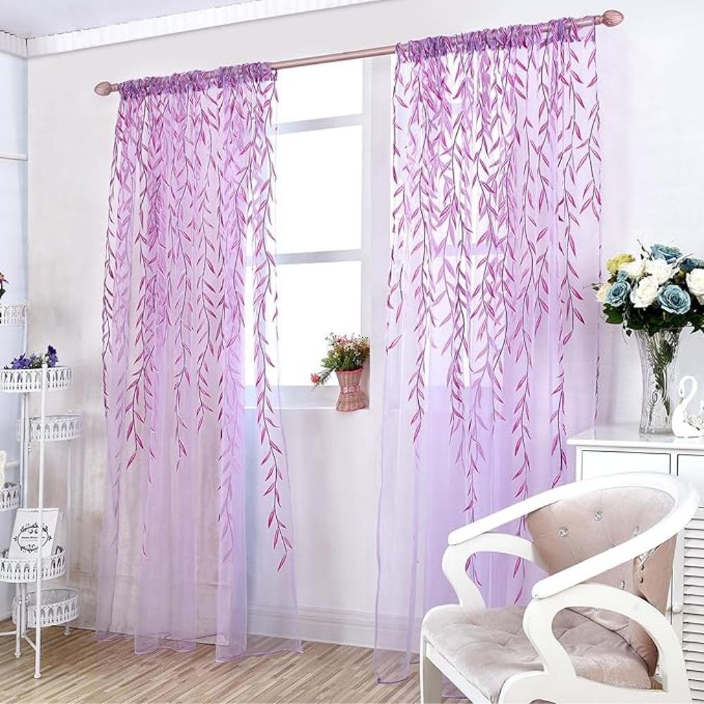 2 Pieces Voile Tulle Willow Leaf Window Curtain Room Salix Leaf Sheer Vine Drapes Curtain Willow Leaf Curtain for Living Room Bedroom Balcony