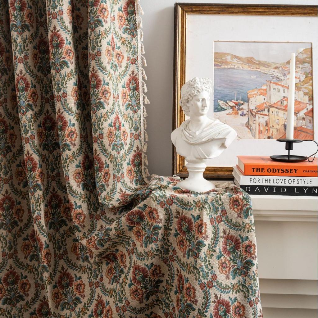 European curtains Double-sided jacquard semi-blackout flower fringed living room floor-to-ceiling balcony curtain finished product