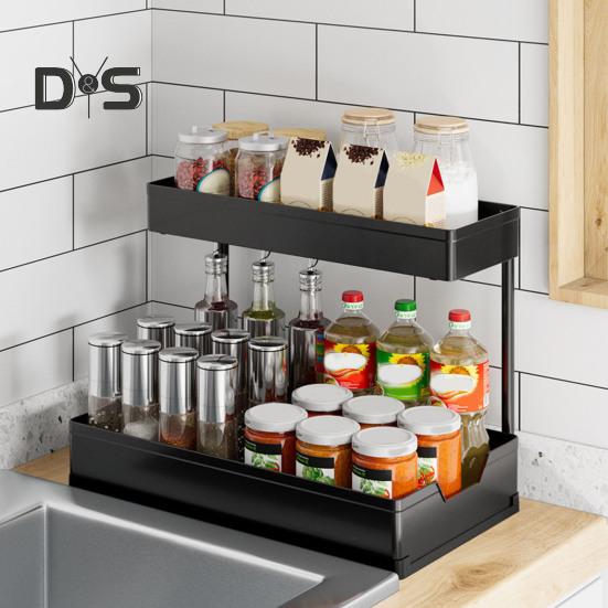Выдвижная полка для хранения кухонного шкафа, органайзер под раковиной, большая вместимость, 2 уровня, Г-образная, простая установка, органайзер для хранения