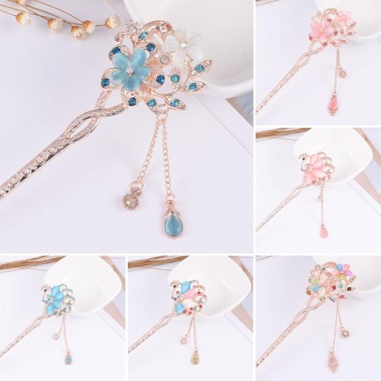 Women Hair Stick Chinese Style Vintage Colorful Rhinestone Flower Decor Tassel Hollow Out Exquisite Stainless Alloy Lightweight Hair Fork Hanfu