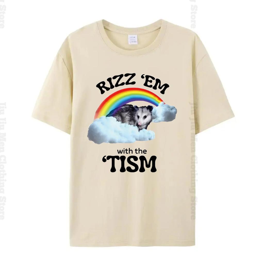 Зафлиртуй с ними с футболкой Rizz Em With The Tism, футболка с забавным мемом про аутизм и опоссума, футболка в подарок при аутизме, нейтральная повседневная футболка с круглым вырезом, очень большая