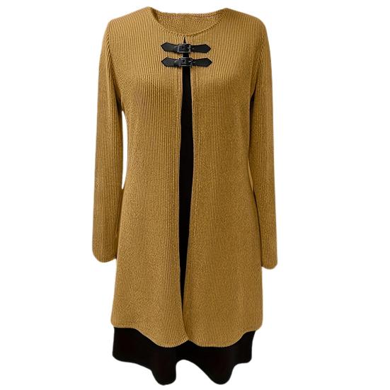 Осенне-весеннее женское платье из двух частей, трапециевидной формы с длинным рукавом, свободный подол, круглая шея, декор с пряжкой, вязаное мягкое цветное платье миди длиной до колена