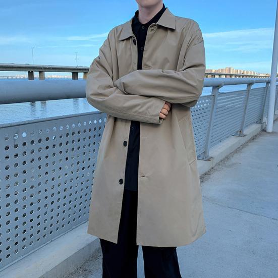 Мужская ветровка, пальто с лацканами, длинный рукав, двубортный тренчкот с карманами, однотонный, свободный крой, повседневная верхняя одежда средней длины