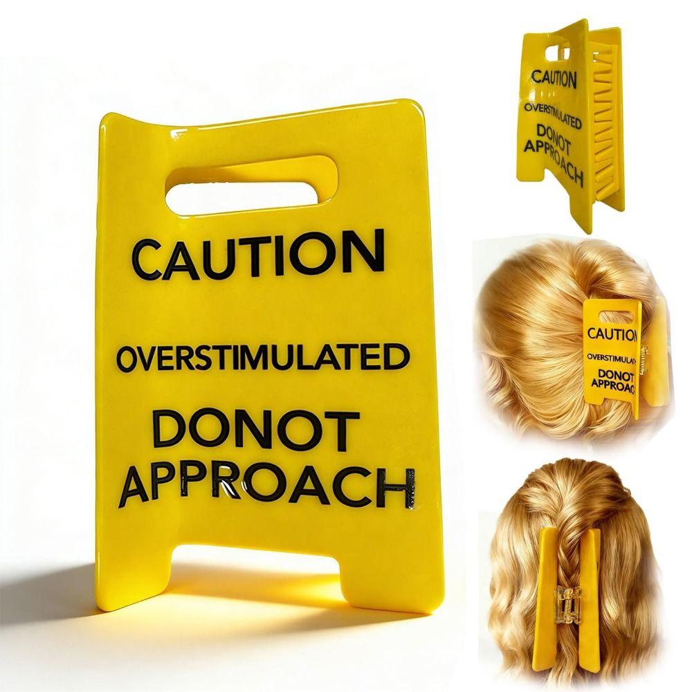 Vibrant Yellow Overstimulated Hair Claw Clip Strong Grip Warning Ponytail Holder Thick Hair