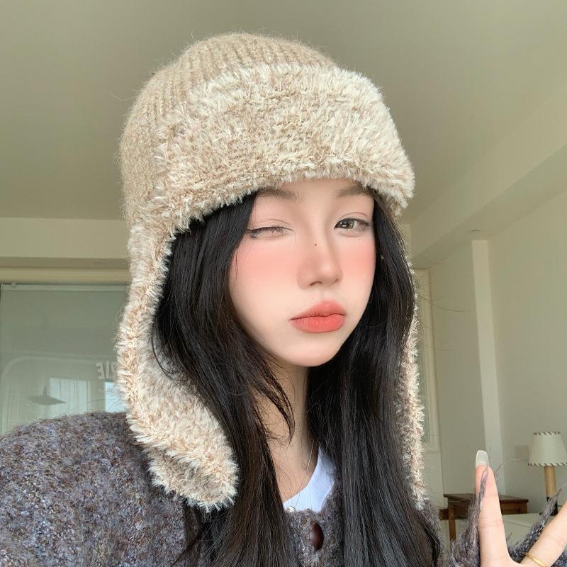 Japanese New Versatile Knitted Plush Lei Feng Hat Autumn and Winter Outdoor Leisure Windproof Warm Hat Showing Face Small Hat for Women