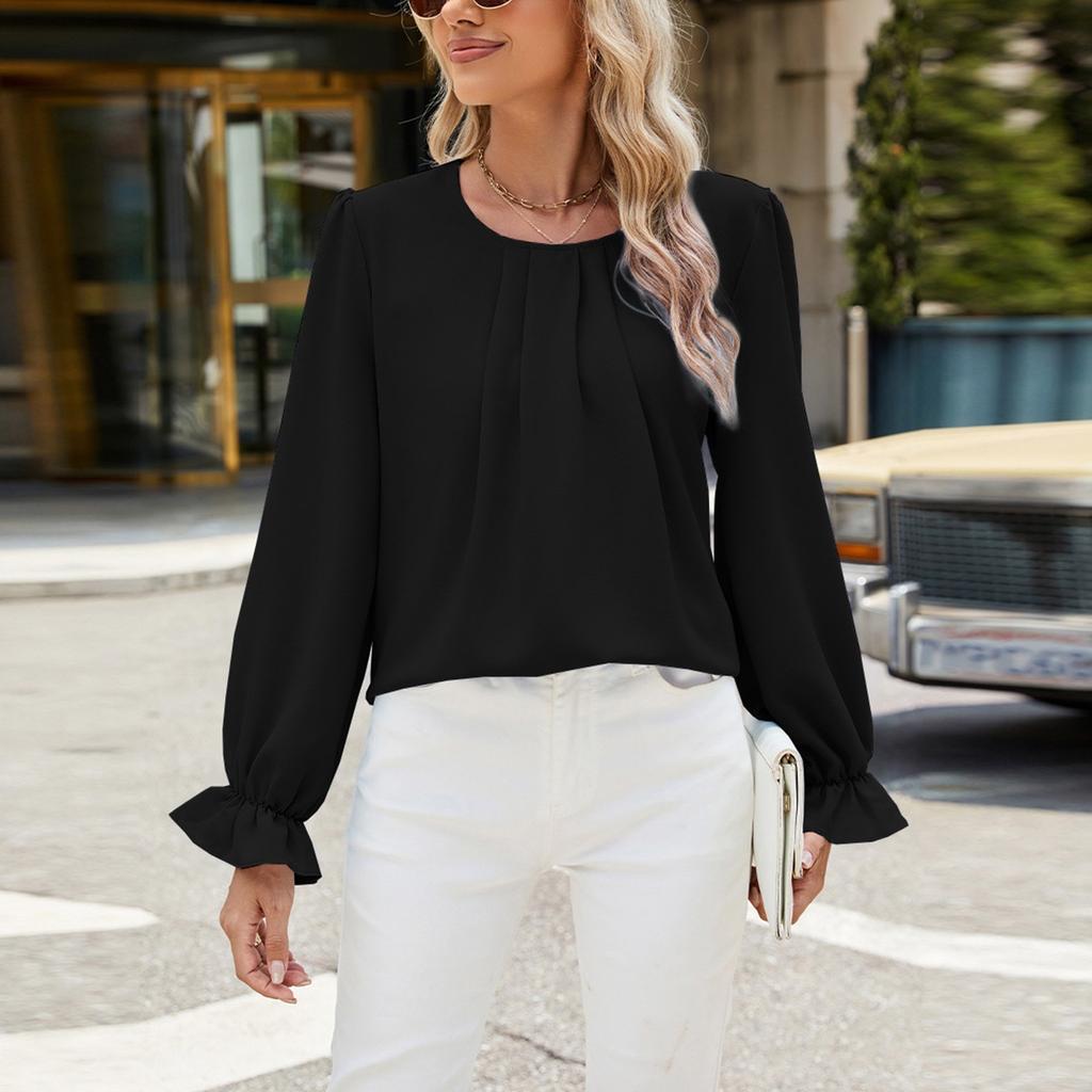 Women's Solid Color Round Neck Loose Long Sleeved Chiffon Top