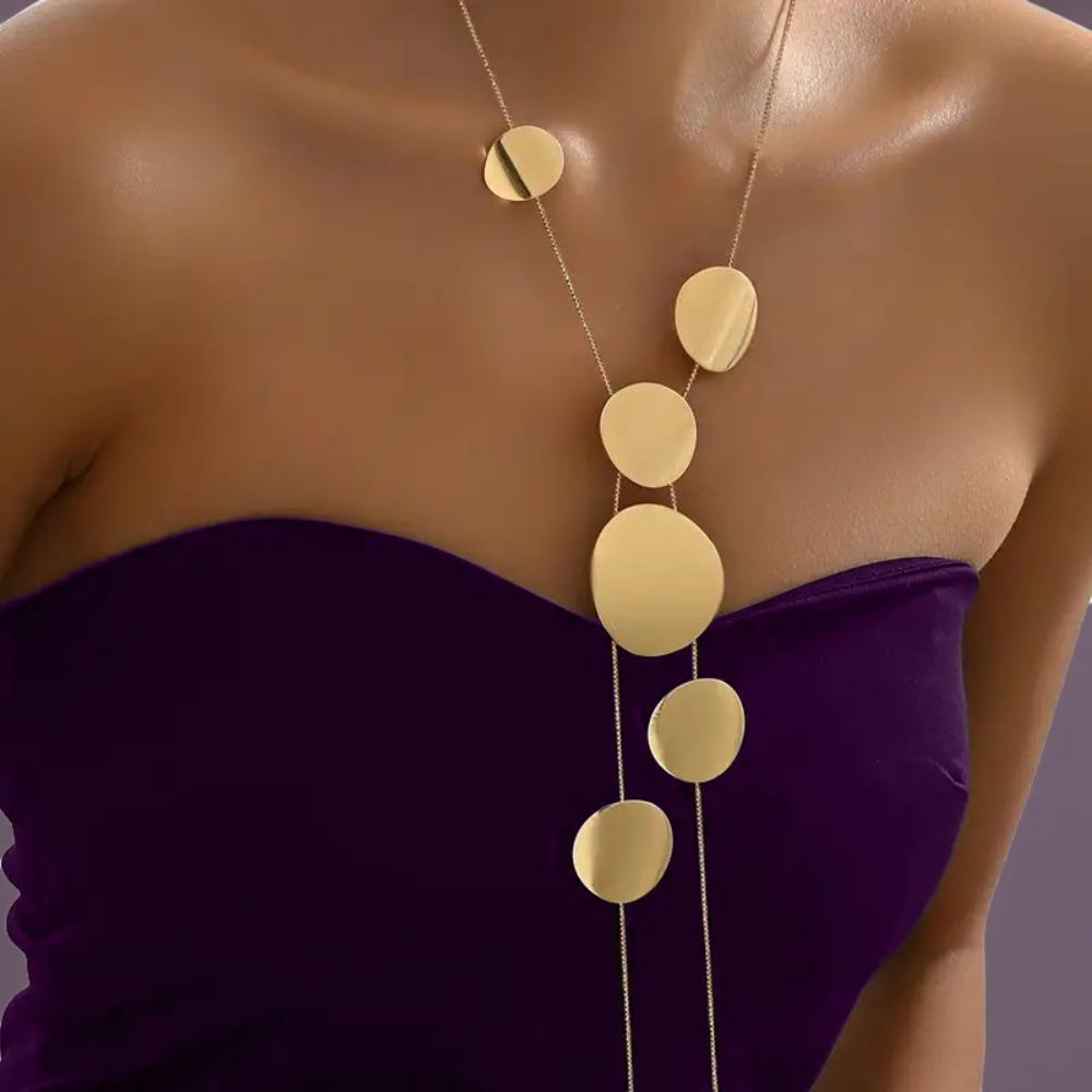 Versatile Women's Long Necklace Trendy Temperament Jewelry Disc Hollow Geometric Chain Iron Safety