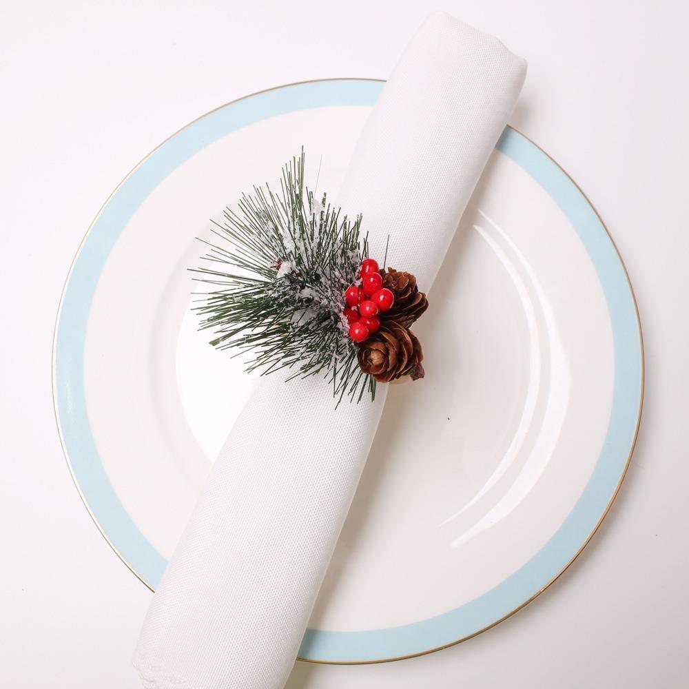 6pcs Artificial Napkin Holder Wooden Napkin Buckle Christmas Pine Needle Napkin Ring Kitchen