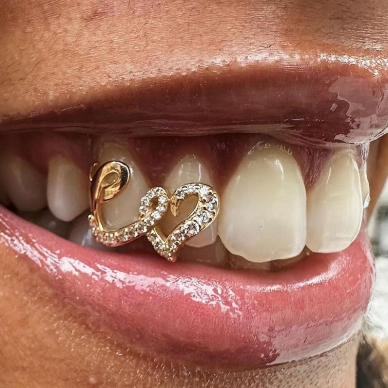 Колпачки на зубы в виде двойного сердца из нержавеющей стали для женщин мужчин панк хип-хоп циркон полые любовь грилзы для зубов парные ювелирные аксессуары