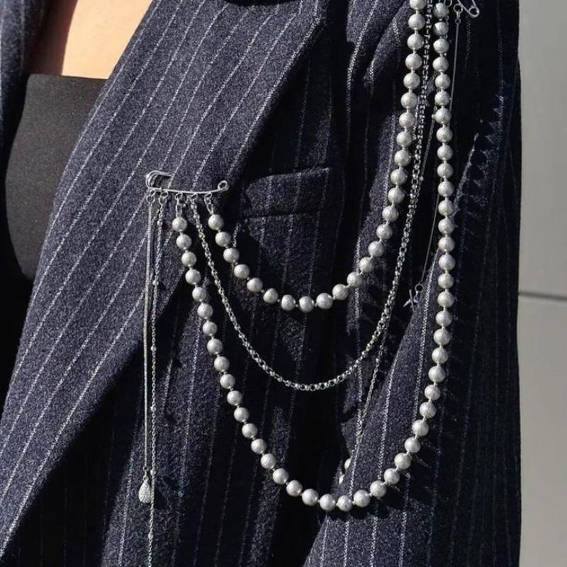 Women Elegant Luxury Pearl Pin Corsage Vintage Multi-Layer Long Tassel Chain Brooch Safety Pins Party Jewelry Gift