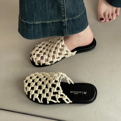 Французские ретро простые сандалии на плоской подошве, плетеные, с полым носком, полушлепанцы, женские, летние, универсальные, для улицы, пляжные шлепанцы