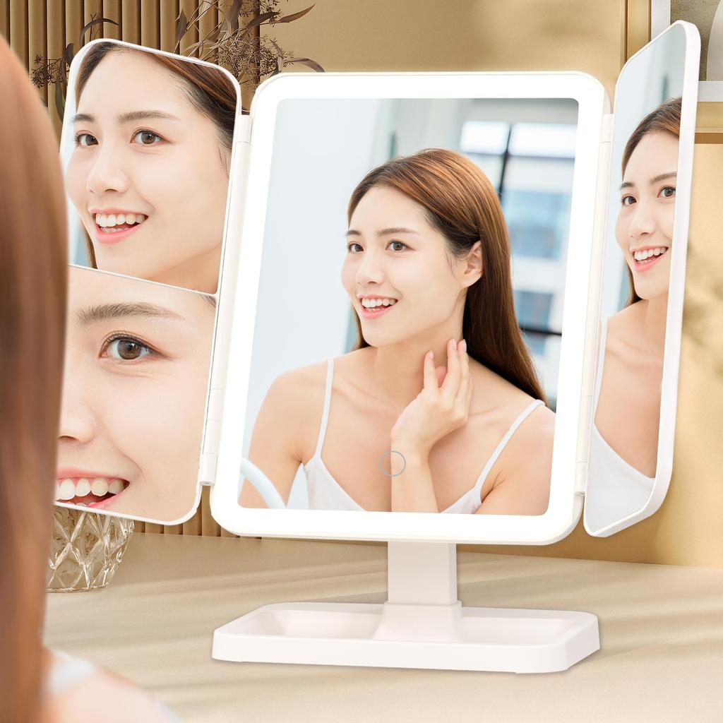 Browgrow Зеркало настольное для макияжа со светодиодной подсветкой, 3 цвета, регулируемая яркость, зеркало с зарядкой, зеркало, трехсторонняя подсветка, зеркало, складное,