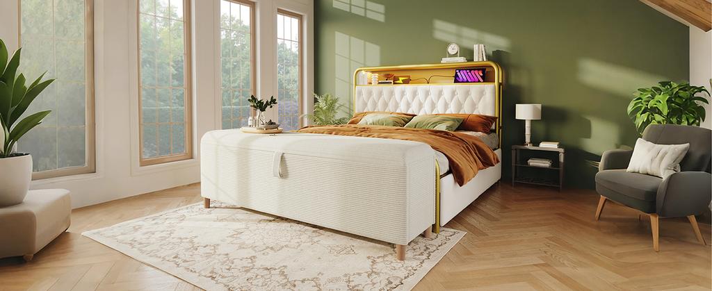 Bed Bench with Storage, 145 x 38 cm, Upholstered Bench with Hydraulic Storage, Storage Box, Bedroom, Living Room and Hallway, Beige Corduroy Look.