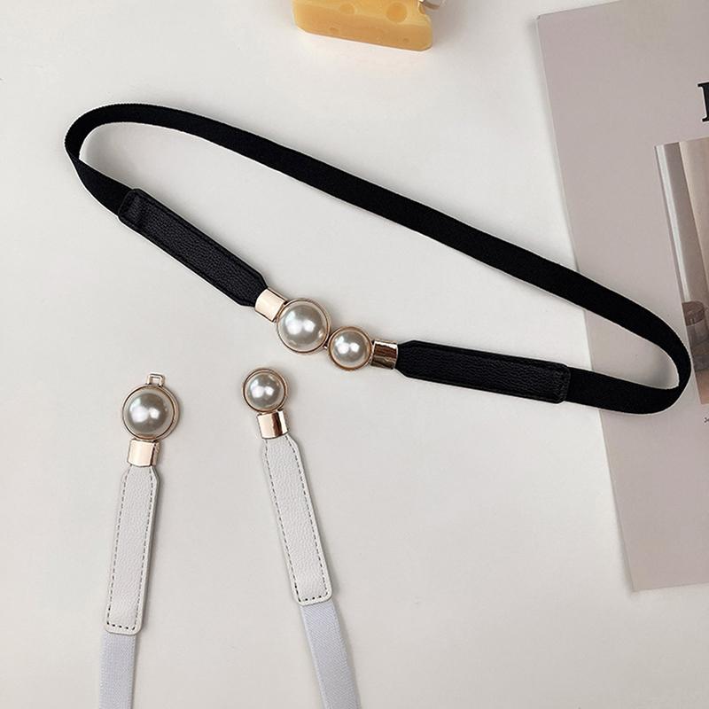 Women Double Pearl Belt Pu Leather Dress Skirt Waist Elastic Thin Belts