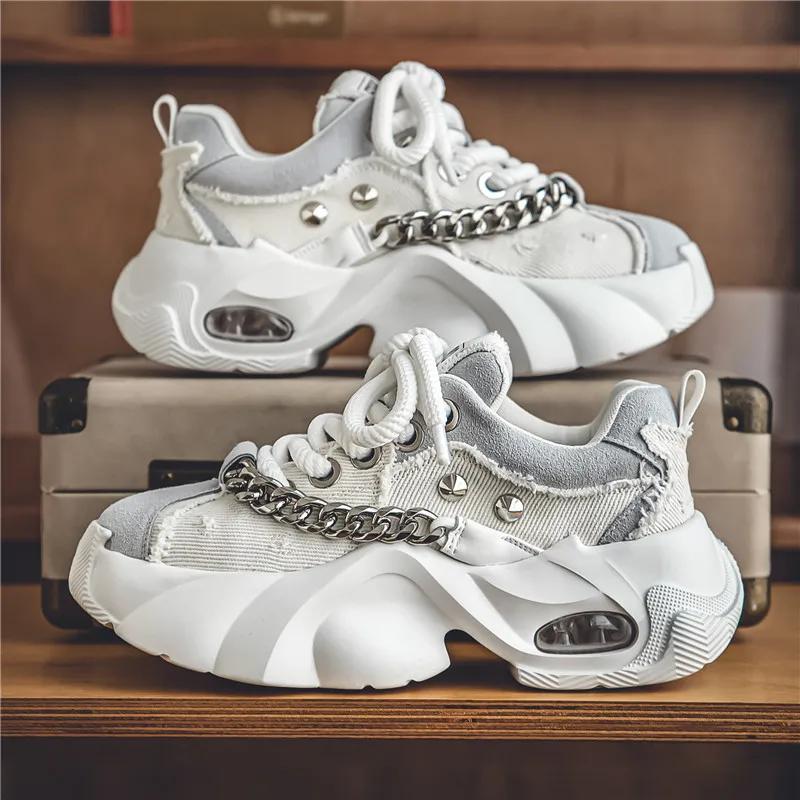 Спортивные кроссовки для мужчин на платформе, повседневные, модные, с металлической цепочкой, удобные, со шнуровкой, мужские кроссовки для бега
