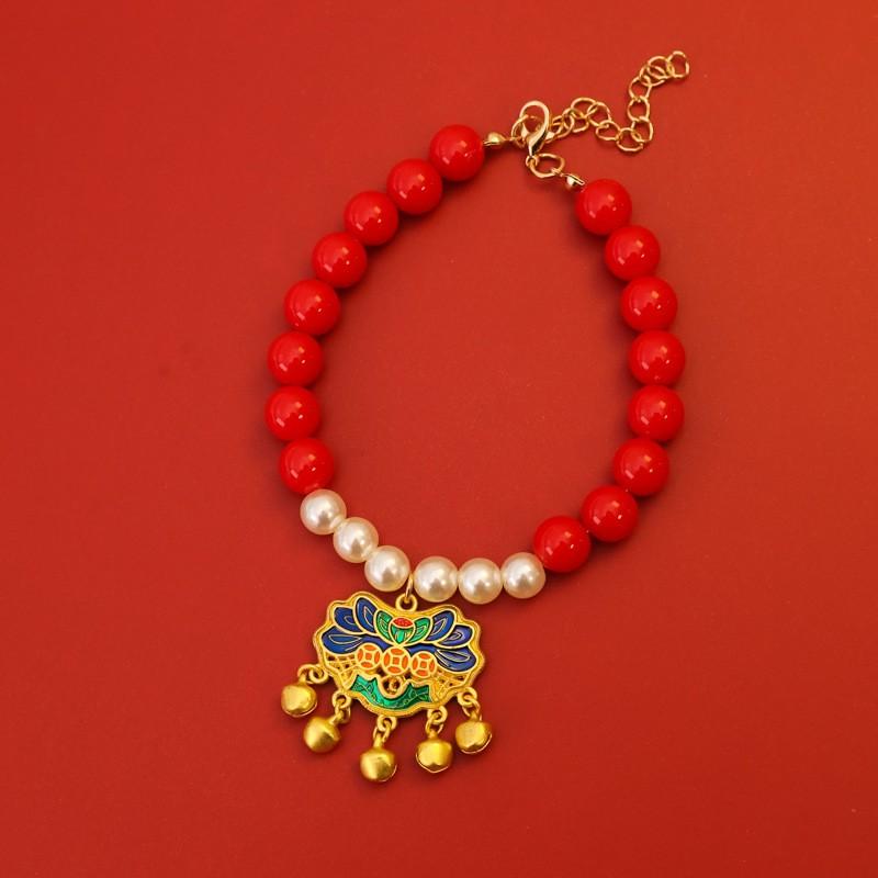 Pet Collar With Gold Plated Longevity Lock Pearl Decoration Cats Dogs New Jewelry