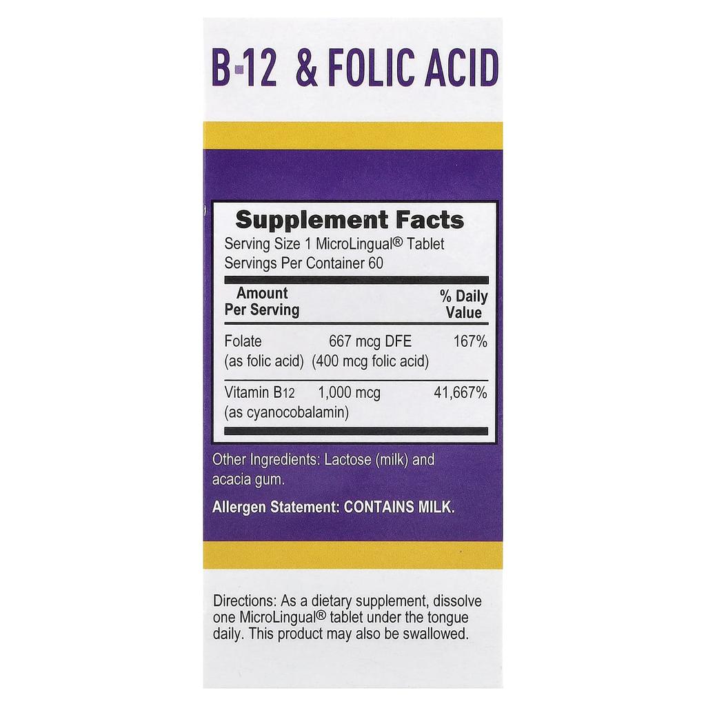 Cyanocobalamin B-12 & Folic Acid, Instant Dissolve Microlingual 60 Tablets