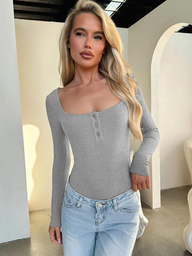 European and American Women's Autumn and Winter New Button Square Neck Fashionable Top Sexy Spicy Girl T-shirt Thread Solid Color Long Sleeved Shirt