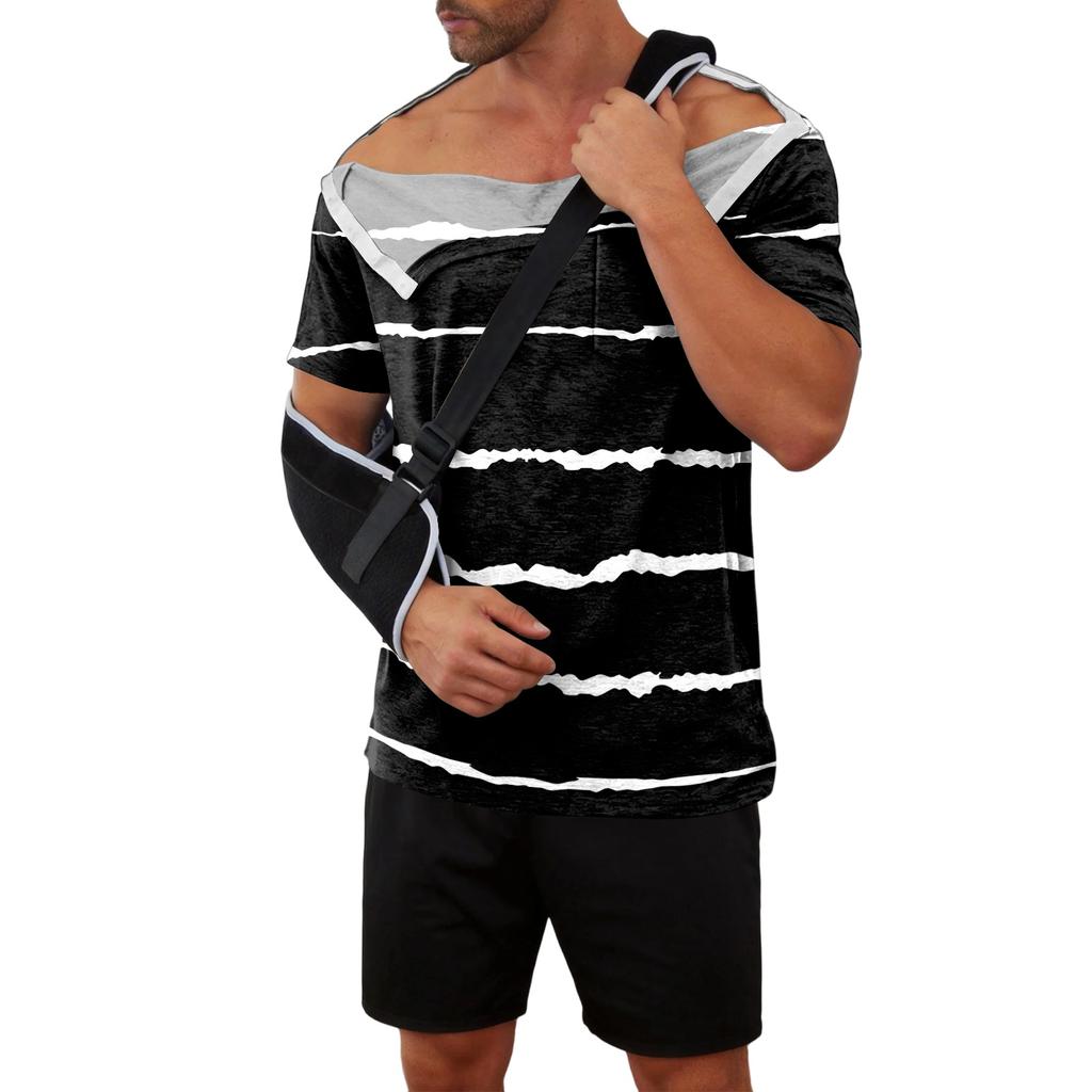 Men Recovery Shirt Striped Print Short Sleeve Full Open Front Closure Design Easy Dressing Top