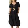 Women's Cotton Linen Solid Color Loose Round Neck Short Sleeve Pockets Dress