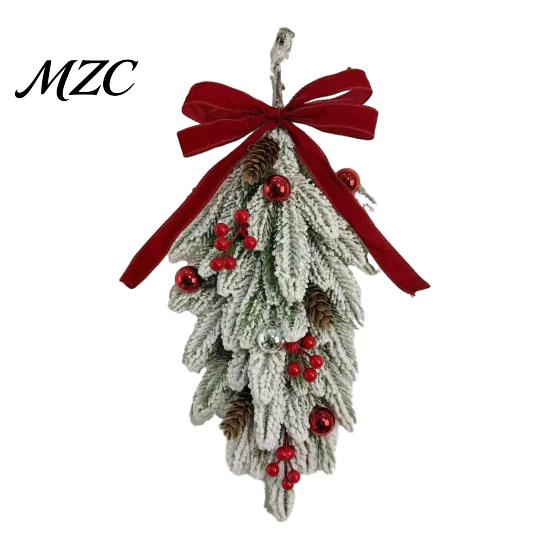 Durable Plastic Christmas Wreath Flocked Teardrop Swag for Front Door, Artificial Pine with Red White Holiday Decorations Berries Velvet Bow,