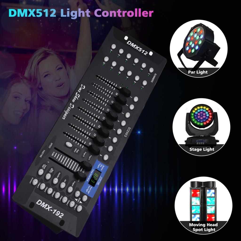 Панель консоли контроллера освещения DMX512, 192-канальная функция программирования, звуковая активация, светодиодный экран
