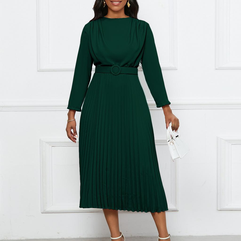 Women's Dress Spring and Autumn Temperament Elegant Pressed Pleated Commuter OL Solid Colour Plus Size Dresses