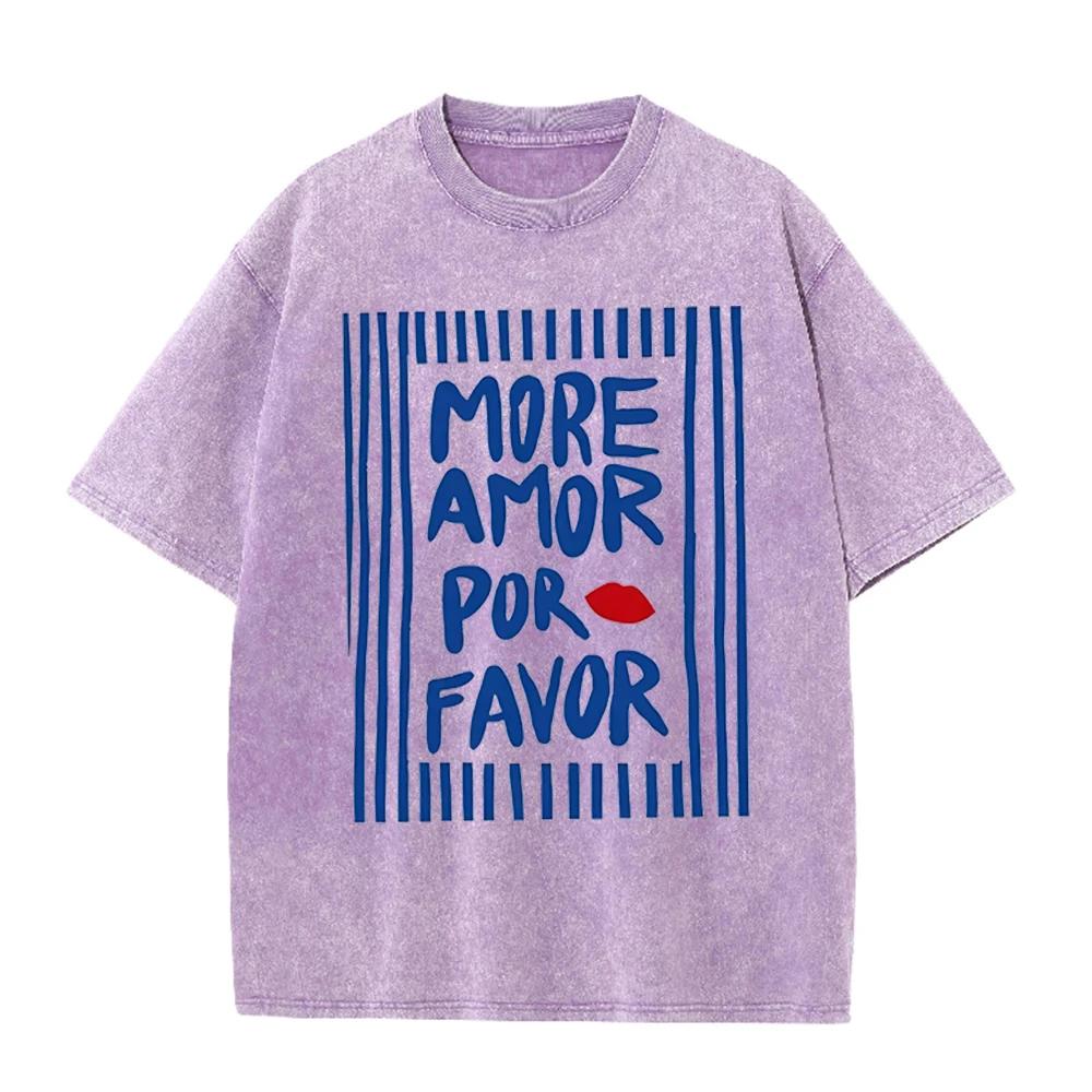 2026 More Amor Por Favor Spanish Slogan Red Lip Print Washed T Shirt Cute Love Casual Oversized Short Sleeve Streetwear Unisex T