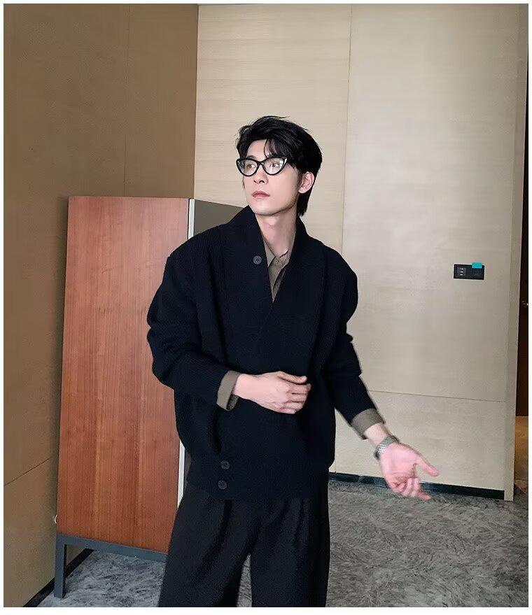 Мужской ретро-кардиган в японском стиле - Осенне-зимний тяжелый вязаный халат с диагональной планкой