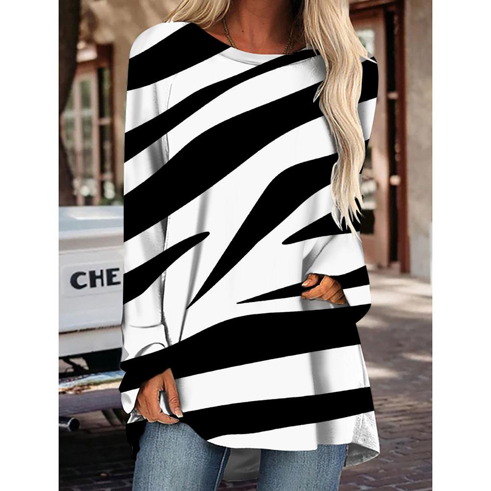 Модный дизайн женская полосатая леопардовая футболка для женщин, девочек, праздничная одежда, свободная осенне-зимняя длинная футболка, топы, футболки