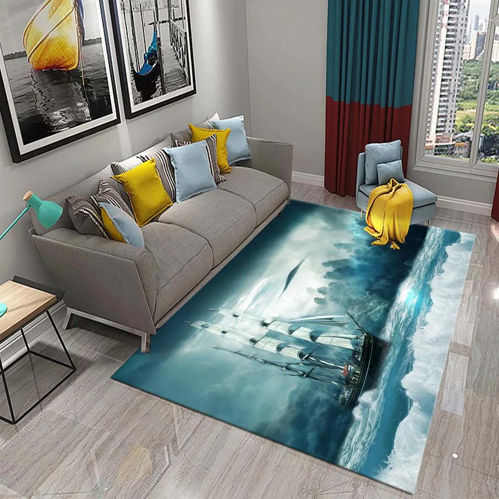 3D Oil Painting Sailboat Carpet Abstract Art Rugs for Living Room Bedroom Decor Mats Bathroom Kitchen Entrance Non-Slip Carpet