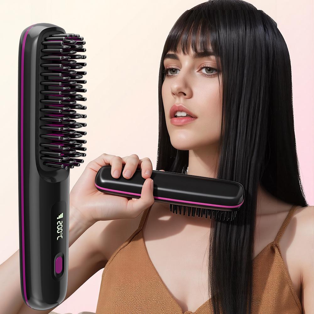 Cordless Rechargeable Hair Straightener Brush, Negative Ions Hair Straightener Comb with 3 Temp Settings, Fast Heating & Display