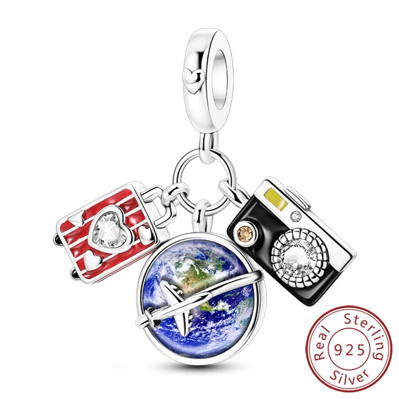 Copper Charms Bead Dangle Airplane Luggage Passport Travel Charms Fit Original Charms Bracelet Jewelry Gift