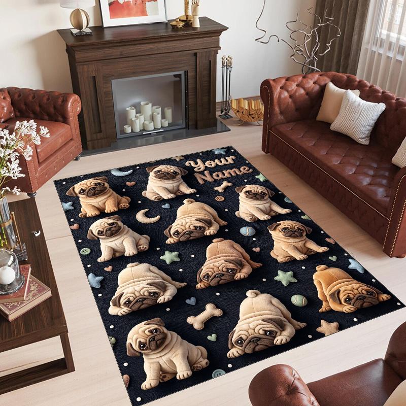 Pug Theme Crystal Velvet Floor Rug Personalized Custom Name Text Warm Carpet Home Decoration