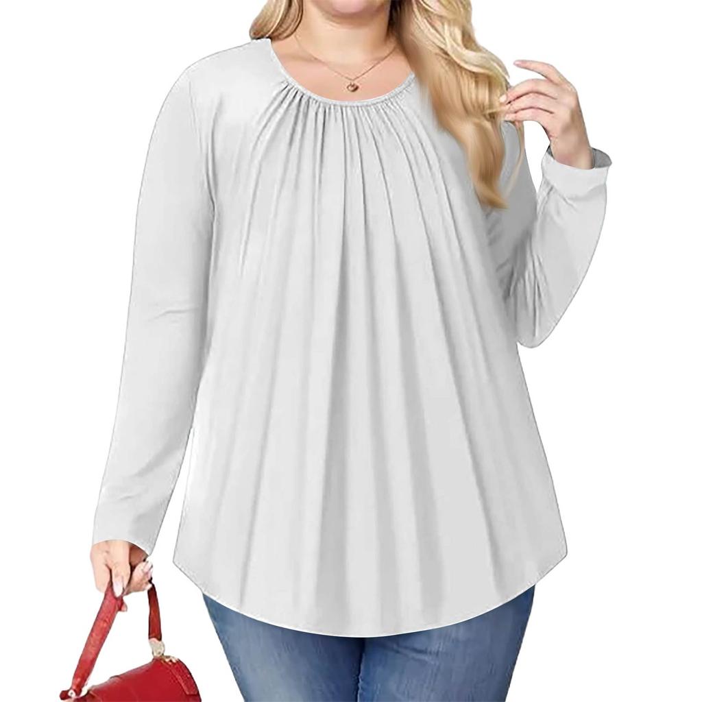 Women's Plus Size Fashion Solid Colour Casual Pleated Round Neck Long Sleeve Top