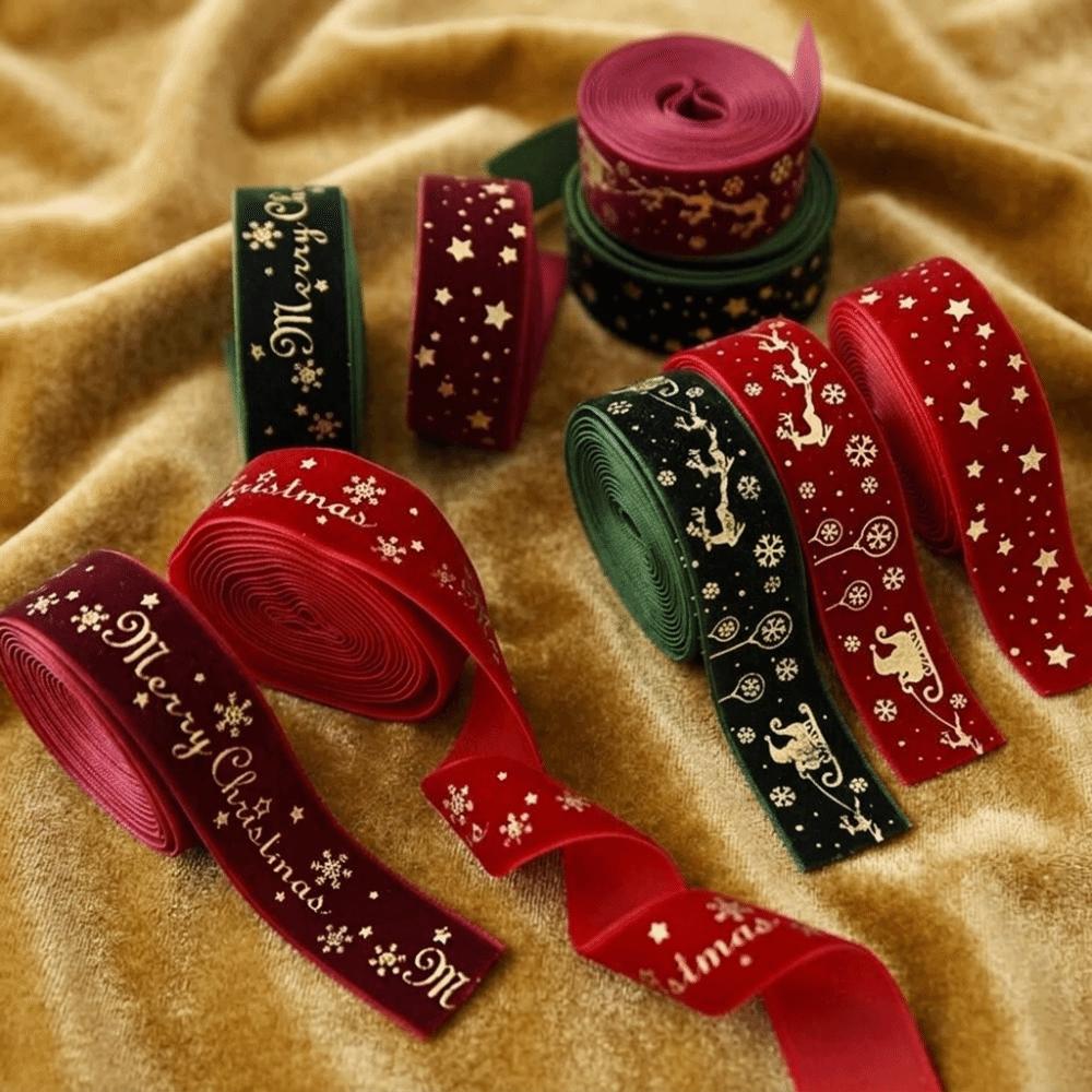 Handmade Christmas Bow Ribbon DIY Green Red Ribbon Gold Stamp Velvet Ribbon Garland Bow Materials
