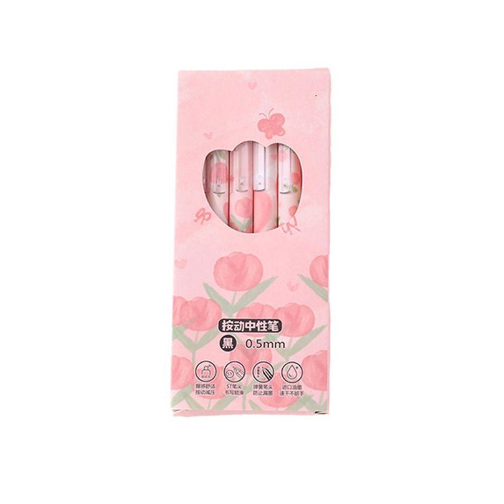 6 шт./Коробка Розовая ручка-гель Тюльпан Большой емкости Нажимная ручка Новая ручка с черными чернилами Студент