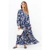 Prive Women's Showy Navy Blue Cream Maxi Length Front Buttoned Layered Summer Long Dress