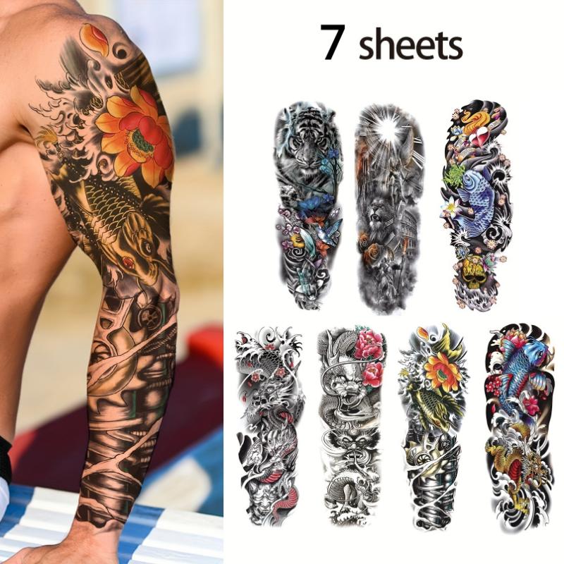 Раскройте свой потенциал с набором водонепроницаемых временных татуировок на всю руку Dragon Art из 7 листов — реалистичные, долговечные и идеально подходящие для стильных мужчин