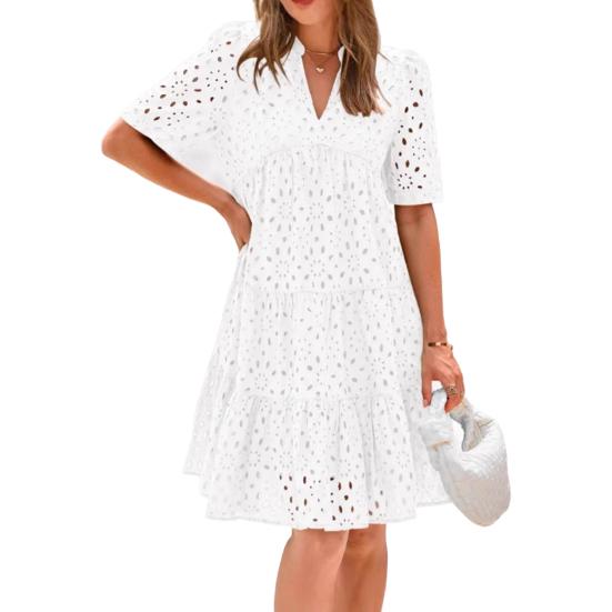 Women's Hollow Out Eyelet Dress Casual Short Sleeve V-neck Midi Dress Summer Beach Tiered Flowy A-line Sundress