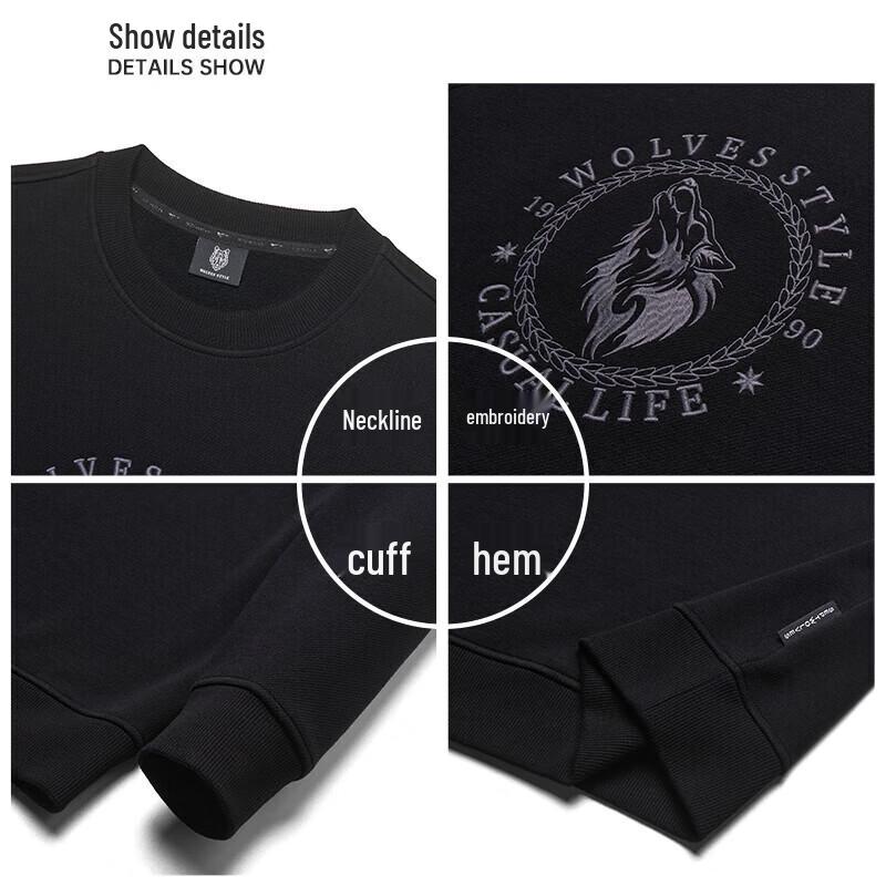 Septwolves Men's Fleece-Lined Embroidered Round Neck Pullover