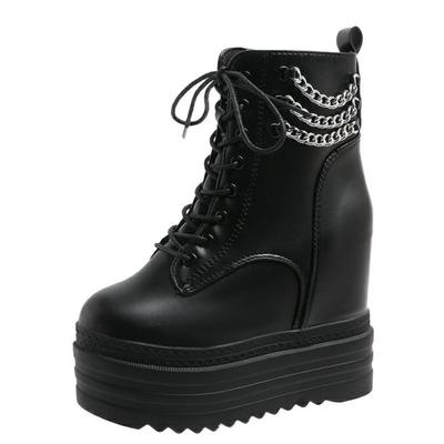 Мода 12 см Новые женские ботильоны Кожаная толстая подошва Мотоциклетные ботинки Женские Осенние Весенние Цепь Высокая платформа Обувь Женщина Большой размер 42