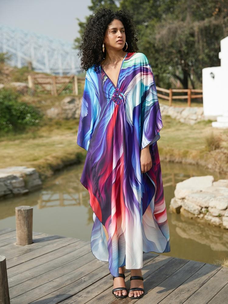 EDOLYNSA Blue Bohemian Relaxed Long Dress Kaftan Caftan Vacation Party House robe Bathing suit cover up Beach Wear Q1634