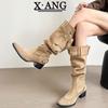 Cowhide Version Pointed Thick Heel Trouser Tube Boots Women's Pile Boots Western Cowboy Boots But Knee High Boots Knight Boots Long Boots