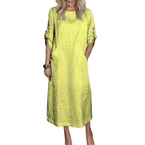 Fall Spring Women Dress Short Sleeve with Cufflink Round Neck Solid Color Loose Big Pocket Commute Daily Wear Midi Dress
