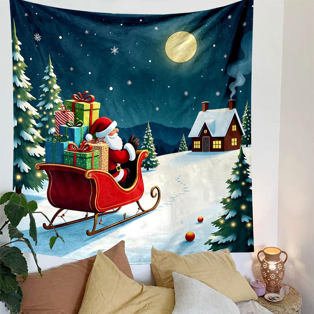 Santa's Sleigh Under Moonlit Snow Patterned Tapestry Decorative Wall Hanging, Home Bedroom Living Room Decor